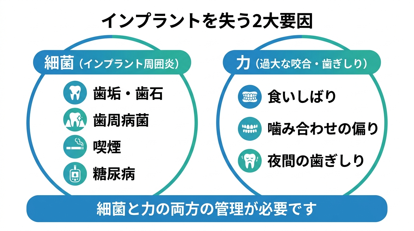 インプラントを失う2大原因｜「細菌（周囲炎）」と「力（咬合）」