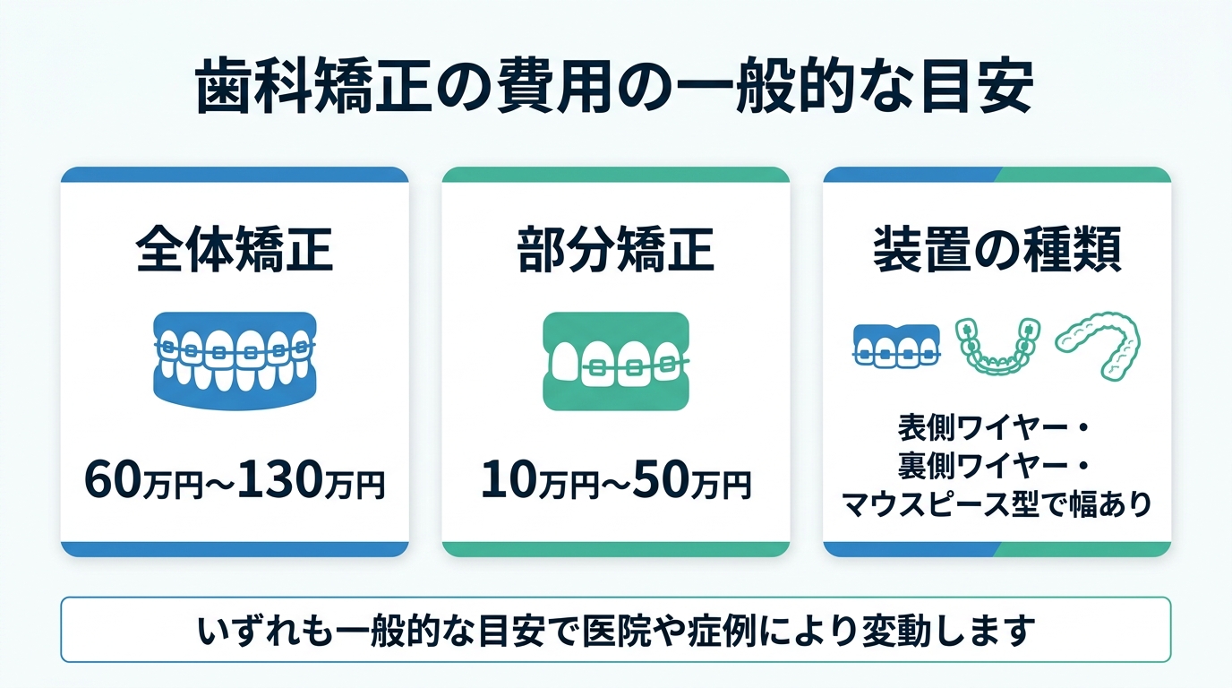 全体矯正・部分矯正のおおまかな費用の目安